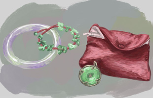 An impressionistic digital painting of a purple and green jade bangle, a jade tie bracelet with red string, a circular jade pendant, and a small red pouch. 